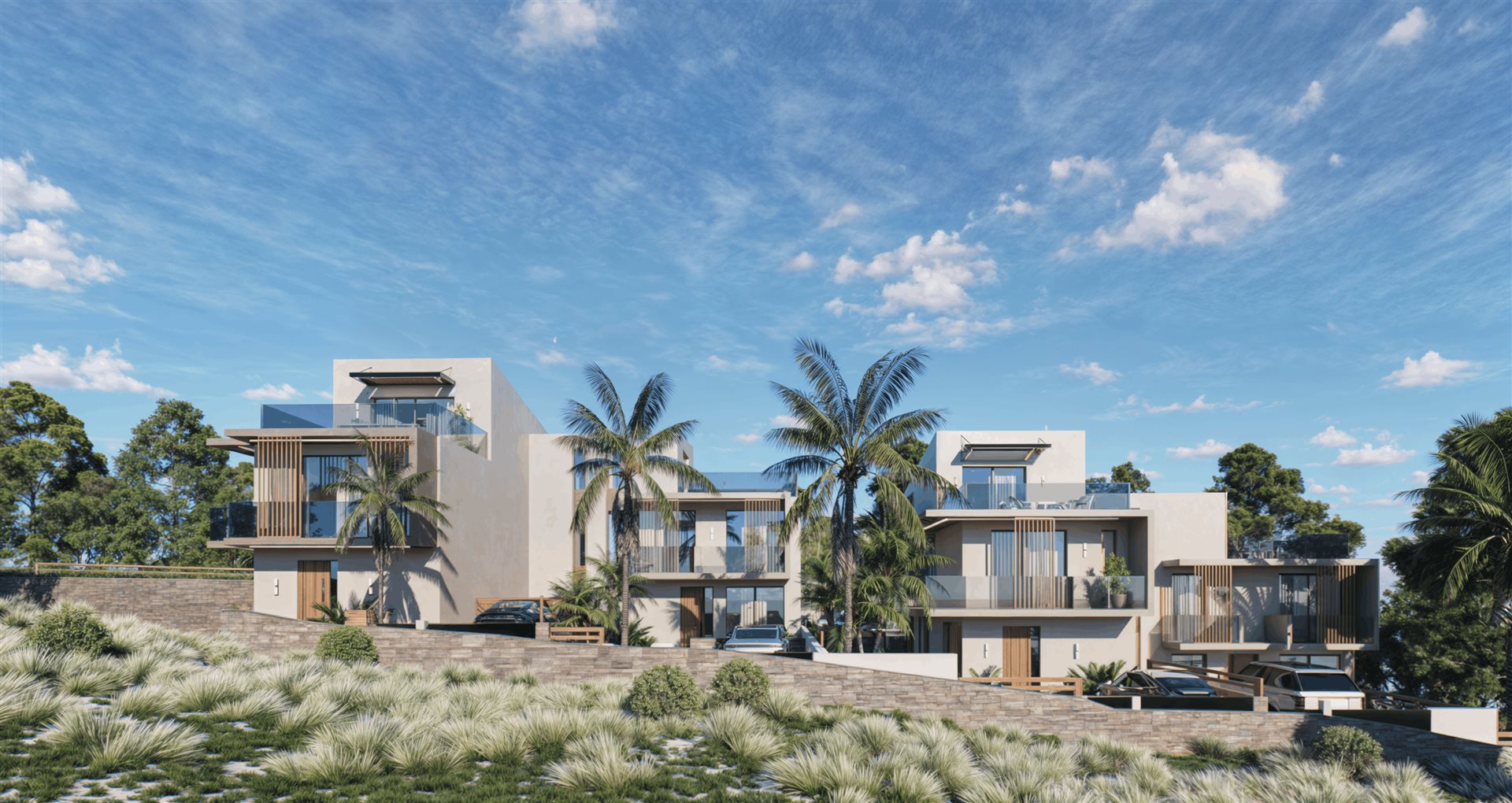 Modern construction project: Four residences with sea and mountain views, located in Modi, Crete